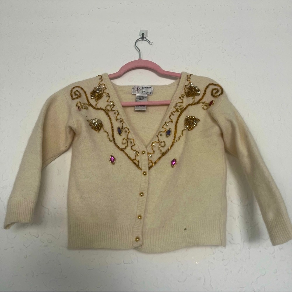 Vintage BRAEMAR Wool Angora Bejeweled Bedazzled Gold Buttons Cardigan Sw…